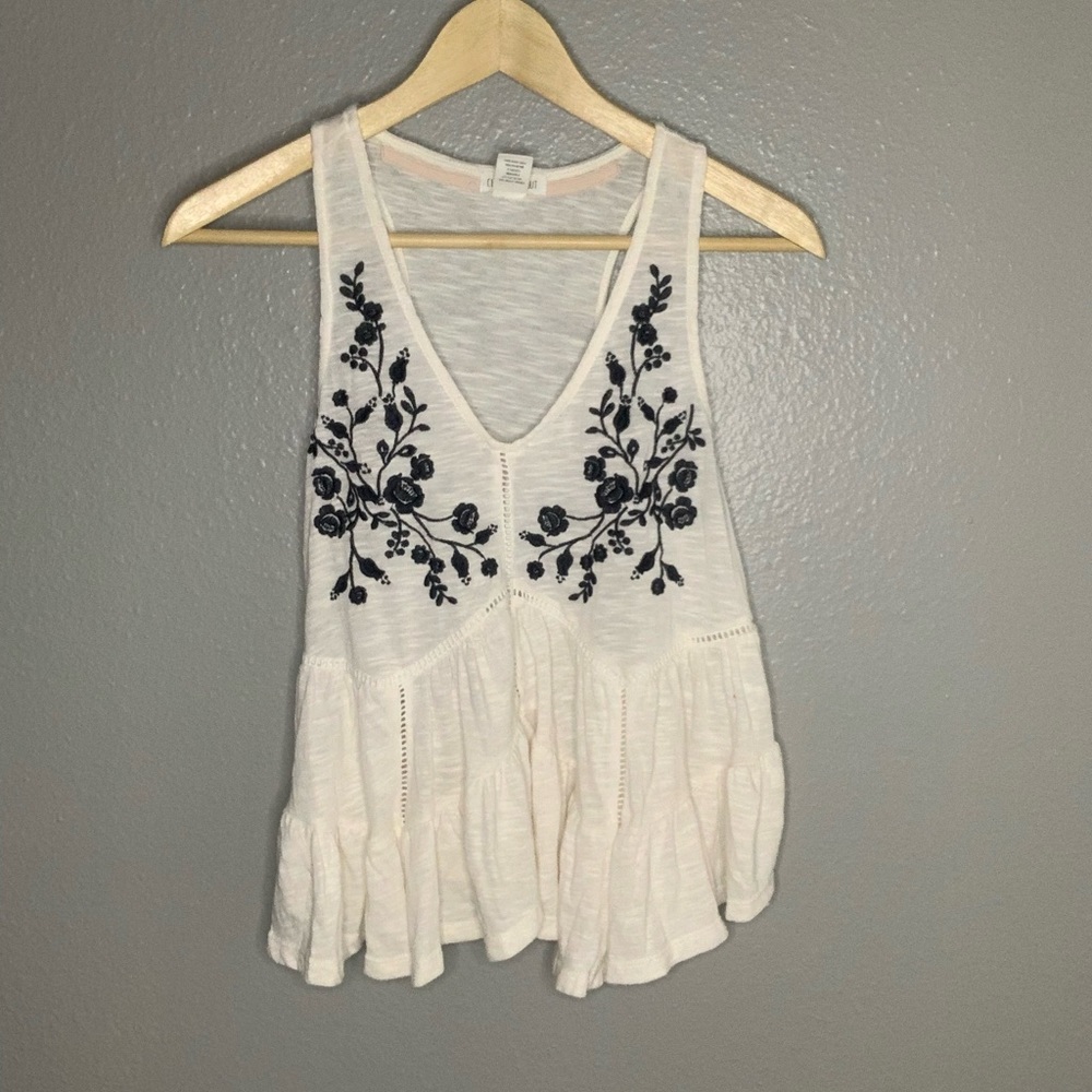 Small White Sleeveless Top with Blue Embroidered Flowers